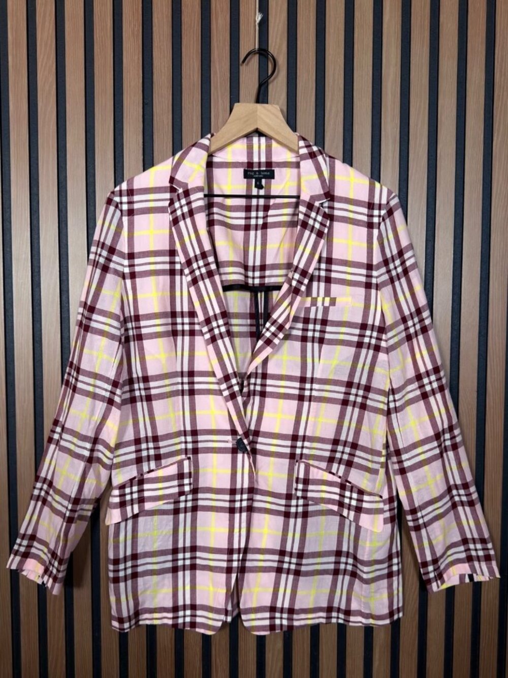 Rag & Bone Blazer Jacket 6 Womens Pink Plaid One Button 100% Cotton Boyfriend